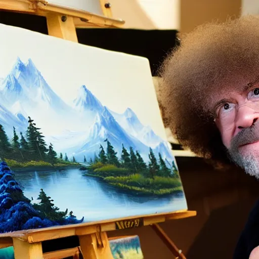 Image similar to a closeup photorealistic photograph of bob ross working on a canvas painting of cookie monster. film still. brightly lit scene. mountains and trees. this 4 k hd image is trending on artstation, featured on behance, well - rendered, extra crisp, features intricate detail, epic composition and the style of unreal engine.