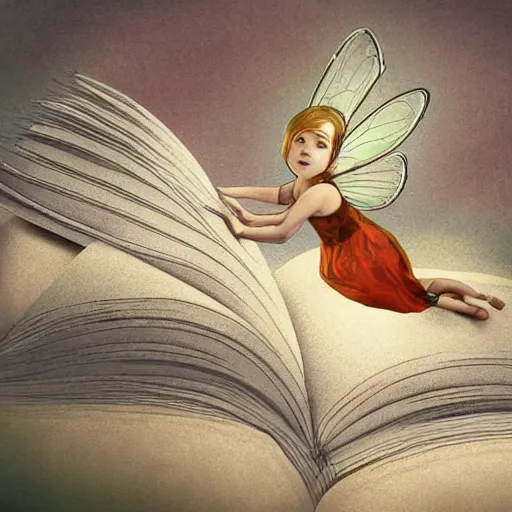 Prompt: you can see a big old open book in close - up. above the book floats a small sweet fairy, digital painting, fantasy art