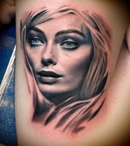 Image similar to tattoo design sketch double exposure of margot robbie with beautiful mountain scenery mash up, in the style of arlo dicristina, surrealist, amazing detail, sharp