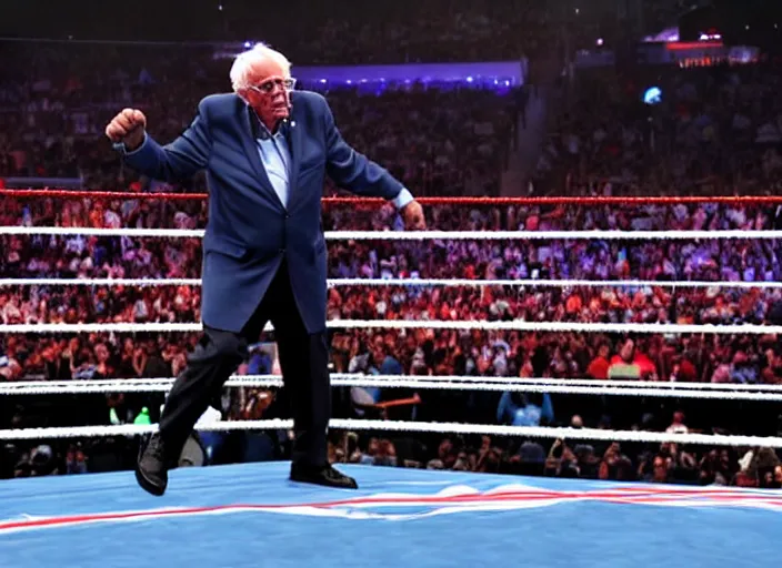 Prompt: photo still of bernie sanders in the ring at wwe wrestlemania 3 6!!!!!!!! at age 7 8 years old 7 8 years of age!!!!!!! posing on top turn buckle, 8 k, 8 5 mm f 1. 8, studio lighting, rim light, right side key light