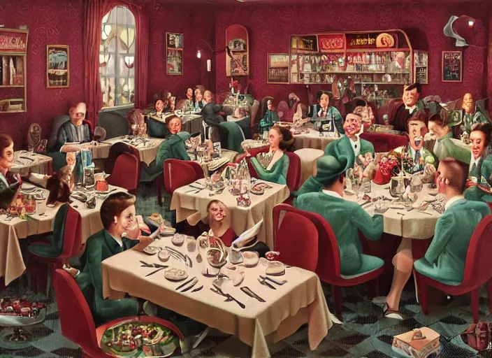 Image similar to inside 1 9 5 0 s dinner, lowbrow, matte painting, 3 - d highly detailed, in the style of mark ryden,