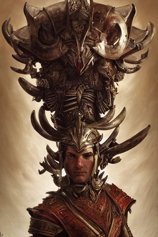 Image similar to portrait of the warrior wearing the epic artifact headgear deer god\'s helmet by artgerm and Craig Mullins, James Jean, Andrey Ryabovichev, Mark Simonetti and Peter Morbacher 16k