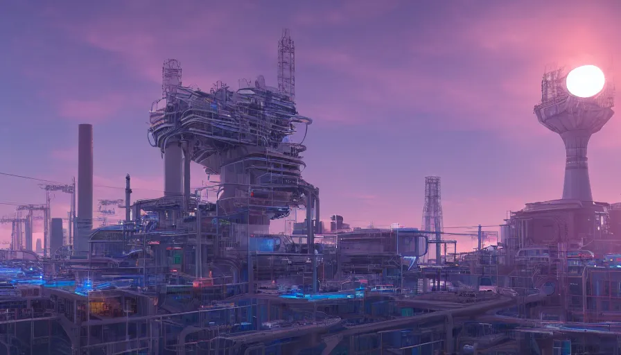 Image similar to combined cycle futuristic powerplant, blue led lights, sunrise, hyperdetailed, artstation, cgsociety, 8 k