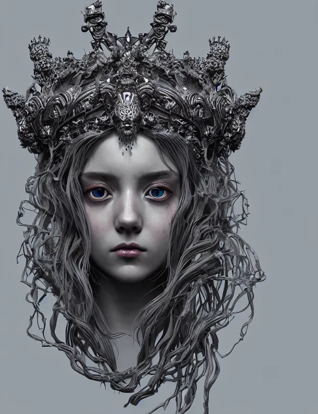 Image similar to symmetrical, centered, zbrush sculpt of goddess close-up portrait wigh crown made of skulls. phoenix betta fish, phoenix, bioluminiscent creature, super intricate ornaments artwork by Tooth Wu and wlop and alena aenami and greg rutkowski