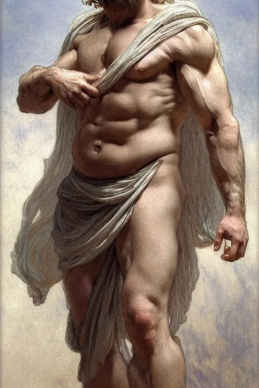 Image similar to painted portrait of rugged zeus, god of thunder, greek god, white hair, masculine, powerful, handsome, opulent, upper body, white robe, muscular, hairy torso, fantasy, intricate, elegant, highly detailed, digital painting, artstation, concept art, smooth, sharp focus, illustration, art by gaston bussiere and alphonse mucha