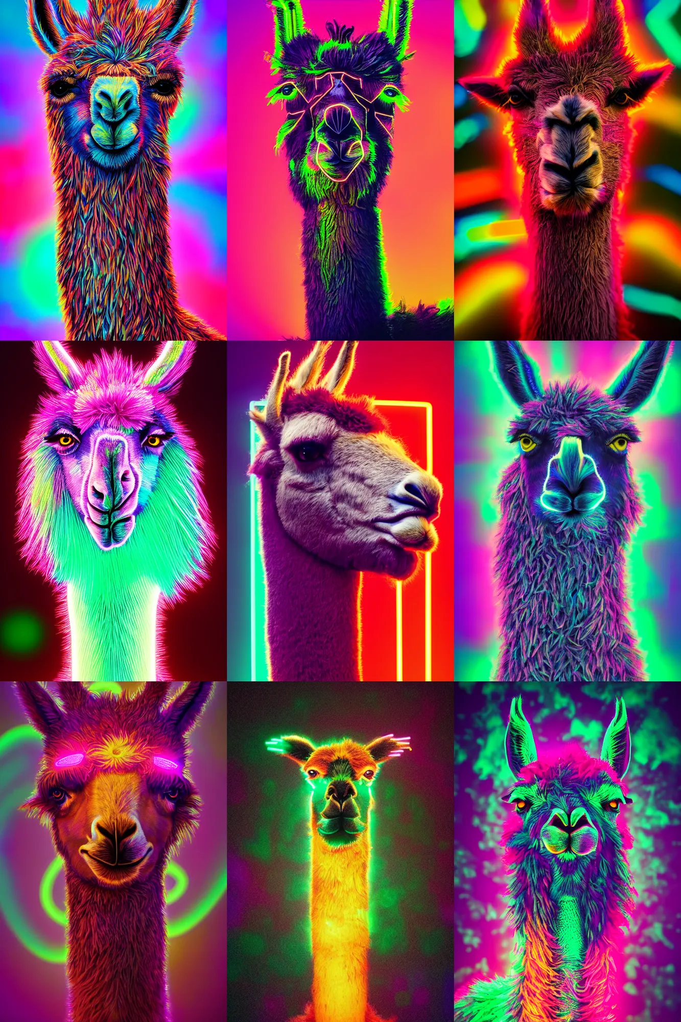 Prompt: photo of surreal anthro llama portrait in neon lighting, elegant, highly detailed, lit by neon tubes, smooth, sharp focus, trippy, dmt, psychedelic, lit by neon strands, illustration, beautiful, geometric, trending on artstation, cinematic, artwork by WLOP, daily deviation