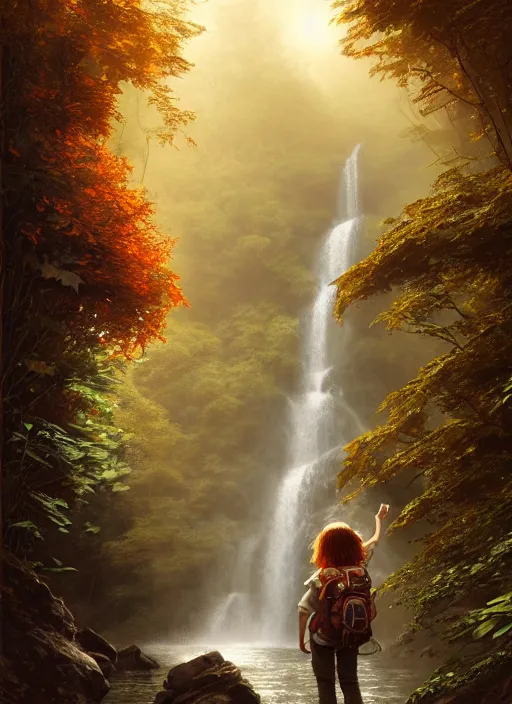 Prompt: detailed intricate digital illustration by james gurney and greg rutkowski and artgerm and wlop and sanford robinson gifford ; young red - haired explorer girl with a backpack and map, in an ancient forest, shimmering waterfall in background ; 1 3 mm film, arri alfa anamorphic lens ; sharp focus, golden hour lighting, trending on artstation 4 k