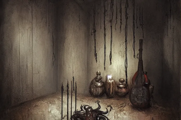 Image similar to still life of a cursed carved wooden baroque demonic oud with ebony inlay and strings of pain, designed by brian froud and hr giger leans against the wall alone, abandoned. an empty brutalist chamber, lonely, somber, a thin wisp of smoke rises from the lute. late afternoon lighting cinematic fantasy painting by jessica rossier