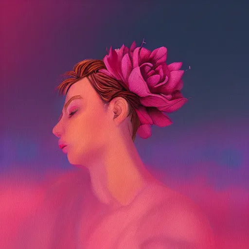 Image similar to closeup, giant rose flower head, frontal, girl in a suit, surreal photography, sunrise, dramatic light, impressionist painting, digital painting, artstation, simon stalenhag