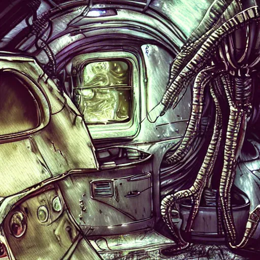 Image similar to alien facehugger attacking marine inside grungy spaceship, dripping oil and water, digital art, realistic