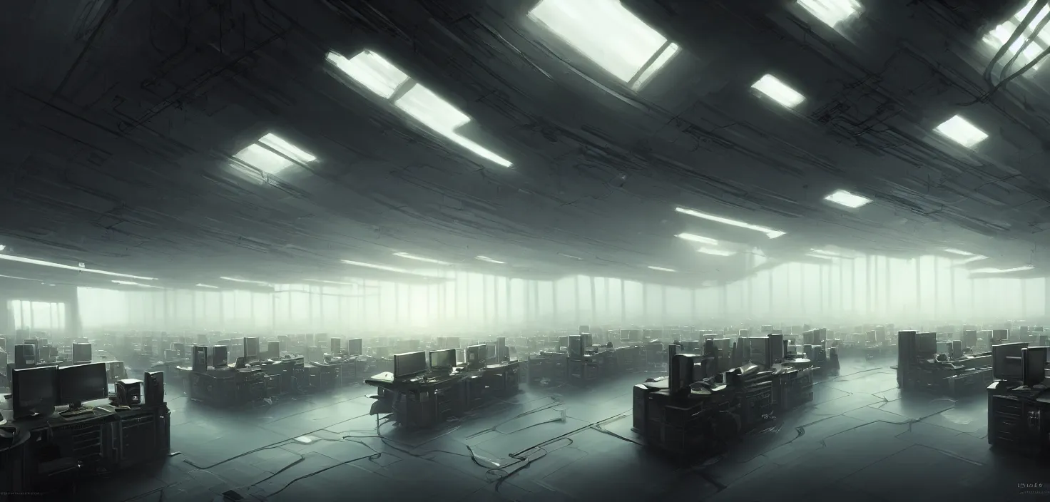 Image similar to computers, wired in, in a highly detailed server room with computers everywhere, cinematic view, epic sky, detailed, concept art, low angle, high detail, warm lighting, volumetric, godrays, vivid, beautiful, trending on artstation, by jordan grimmer, huge scene, art greg rutkowski