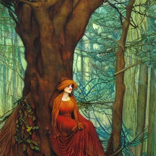 Image similar to the queen of the forest in a tree, by Annie Swynnerton and jean delville and Nicholas Roerich and Tino Rodriguez, elaborately costumed, rich color, dramatic cinematic lighting, extremely detailed