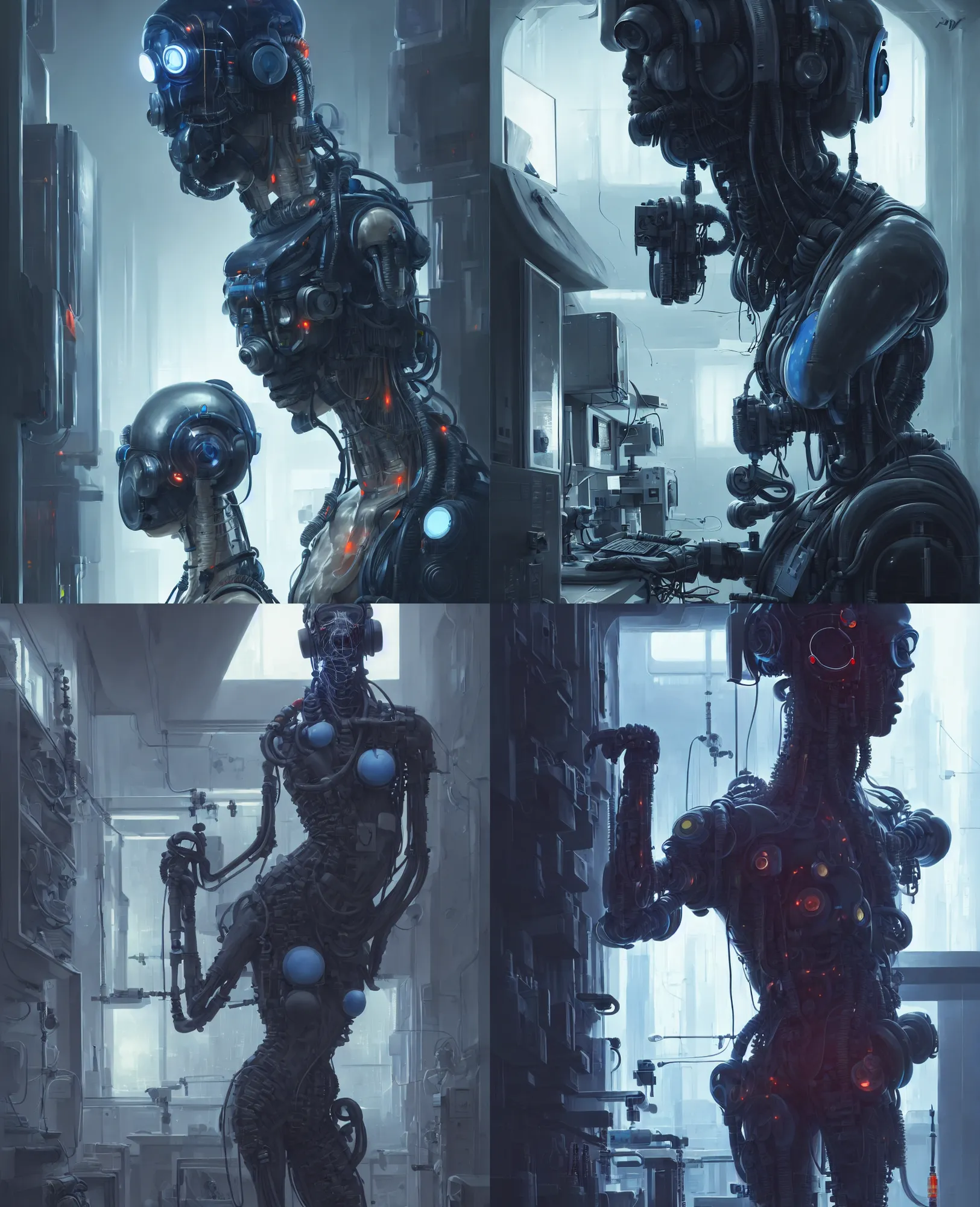 Prompt: a torso portrait of a human operator working the laboratory, sci - fi character, cyberpunk suit, cinematic composition, hyper detailed, matte painting, highly detailed, greg rutkowski, cedric peyravernay, anato finnstark, artstation, 8 k