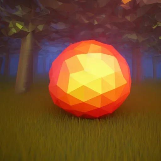 Prompt: ball of flaming rainbow in the middle of a low poly forest, eeve render, blender, bloom, sunset, clouds