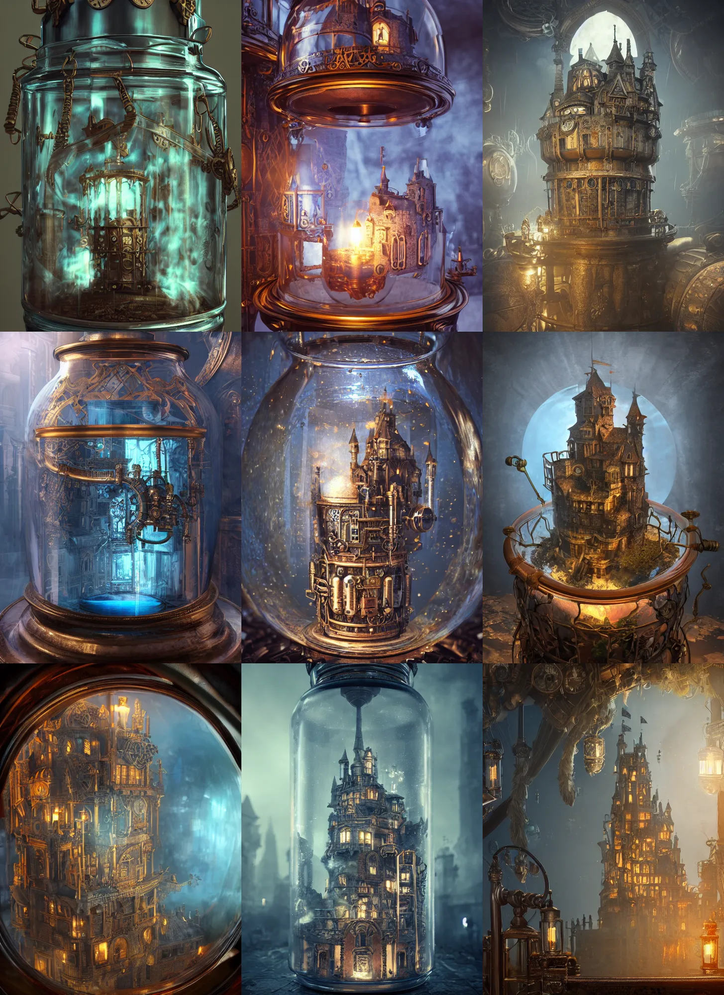 Prompt: steampunk castle inside a glass jar, intricate detail, volumetric lighting, epic composition, hyper detailed, ultra realistic, sharp focus, octane render, blue moon, volumetric, ray tracing, artstation trending, cgsociety, sense of awe, swirling mist, 4 k