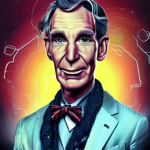 Image similar to portrait of bill nye with dreadlocks, cyberpunk setting, futuristic, highly detailed, intricate lighting, digital painting, sharp focus, illustration, trending on artstation, art by magali villenueve