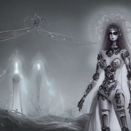 Image similar to female gothic robots with heart human organ, dressed in white intricate lace, veils and jewels, epic environment, matte painting, diffused lighting, highly detailed, cinematic, epic atmosphere, digital art, trending on artstation, wide angle