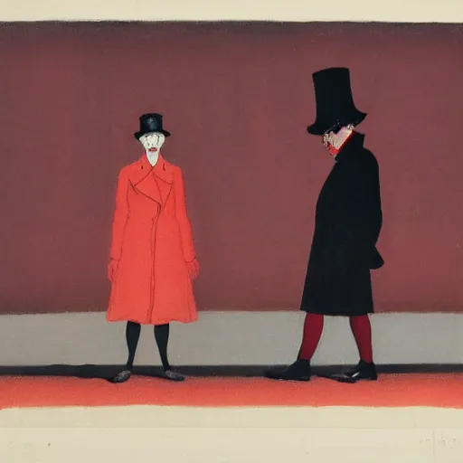 Image similar to A thin man in a black coat and bowler hat talks with girl who is dressed in a red coat and a red hat, Berlin park, autumn, 1923, in the style of in the style of Francis Bacon and Syd Mead and Norman Rockwell and Beksinski, high detail, width 768