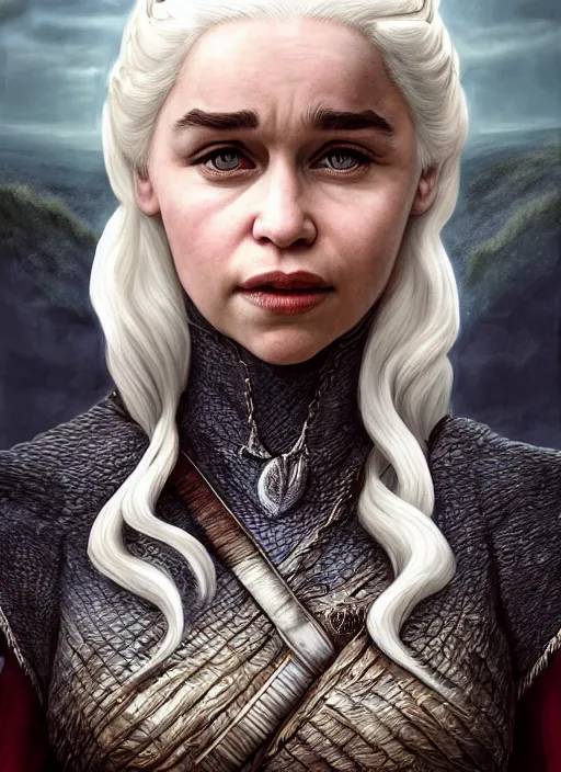 Image similar to emilia clarke as queen daenerys stormborn, by anne stokes and larry elmore, detailed matte painting, realistic portrait, symmetrical, highly detailed, digital painting, artstation, concept art, smooth, sharp focus, illustration, cinematic lighting, 8 k resolution