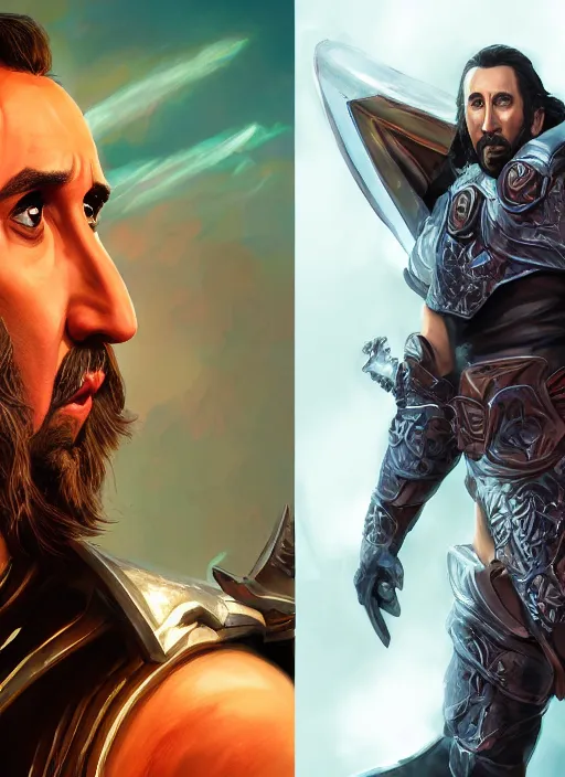 Prompt: A fantasy comic book style portrait painting of as Nicolas Cage as a paladin, unreal 5, DAZ, hyperrealistic, octane render, RPG portrait, dynamic lighting