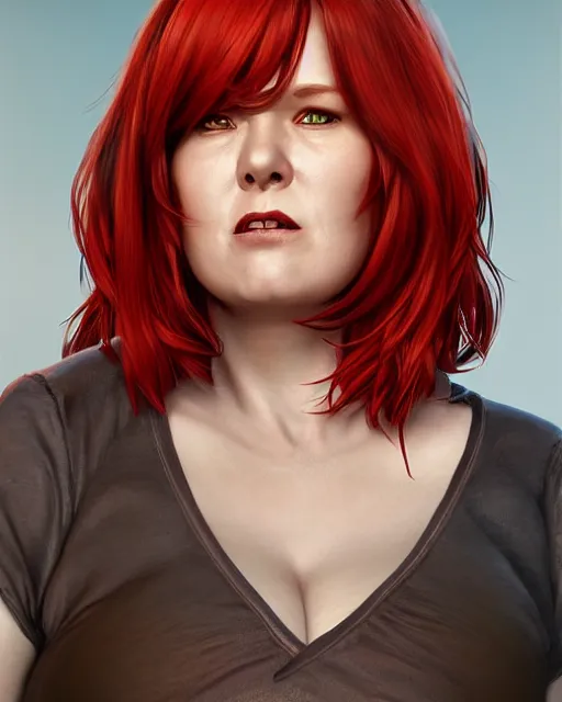 Prompt: portrait of short and plump 5 0 - year - old woman with red hair and, kind face, short hair, hyper realistic face, beautiful eyes, character art, art by mark brooks, hyperdetailed, cryengine, trending on artstation, digital art