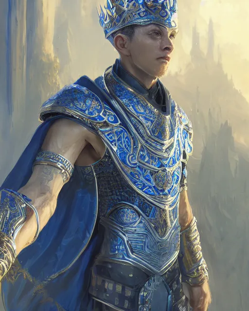 Image similar to concept art, full body portrait of king sorcerers, ornate, blue and silver, armor, robes, hyperrealistic, 4 k, unreal engine, highly detailed, dramatic lighting, beautiful, atmospheric lighting, visible face, by makoto shinkai, stanley artgerm lau, wlop, rossdraws