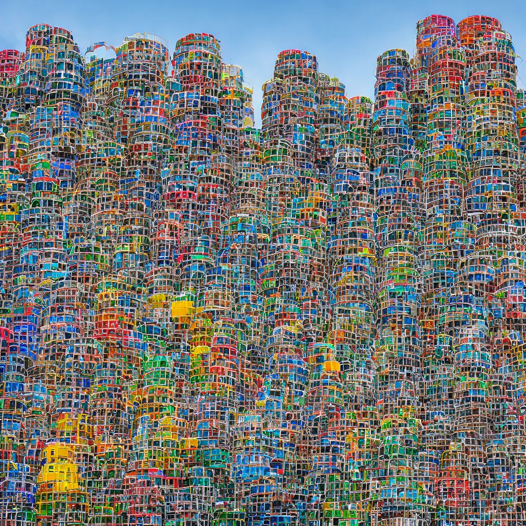 Prompt: circular towers, made up of colourful makeshift squatter shacks, vertical blank spaces, dystopia, sony a 7 r 3, f 1 1, fully frontal view, photographed by jeanette hagglund and terry gilliam