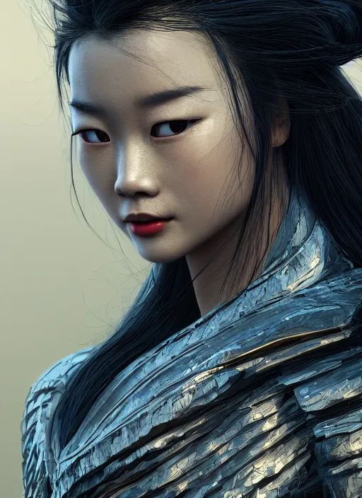 Prompt: Mulan wearing sculpted textured armor, close-up of the front of the face, super sophisticated texture, enhanced noise, by Guweiz and loish, split lighting, 4K resolution, symmetric, clear facial features, golden ratio, Kojima, Amano, Charlie Bowater, Karol Bak, Greg Hildebrandt, Jean Delville, and Mark Brooks, Neo-Gothic, gothic, rich deep colors, Unreal Engine 5