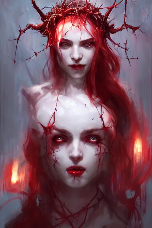 Prompt: Portrait of beautiful pale succubus maiden with crown of thorns, and devil's horns, red lighting, digital art by Ruan Jia and Mandy Jurgens and Artgerm, highly detailed, trending on artstation, award winning,