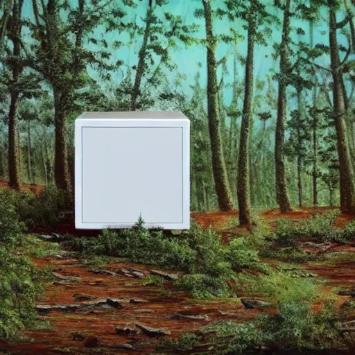 Image similar to oil painting of a white concrete cube sitting in the middle of a forest clearing