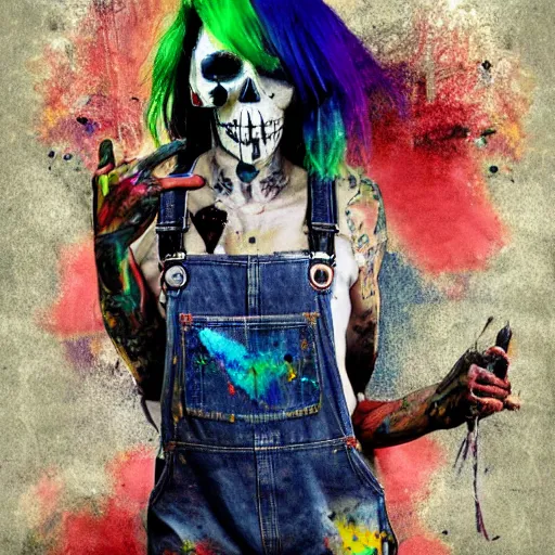 Prompt: mixed media painting of a grungy skull woman with rainbow hair, stitched together, soft eyes and narrow chin, dainty figure, torn overalls, short shorts, combat boots, basic white background, side boob, wet tshirt, wet, raining, portrait, extremely hyper - detailed, intricate, epic composition, trending on artstation, very detailed, masterpiece, stunning,