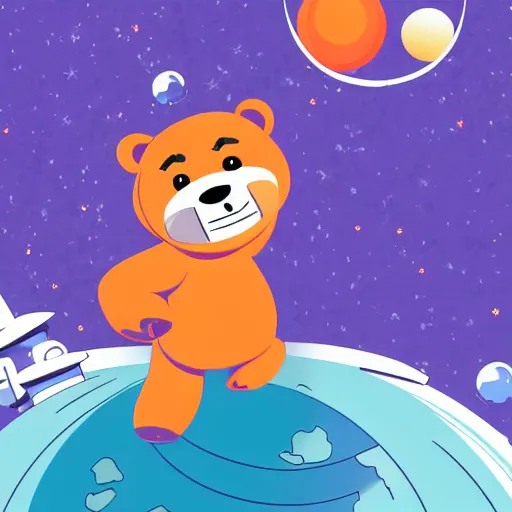 Image similar to cartoon animated illustration of a bear mascot being launched from a futuristic marble planet, purple and orange cloudland