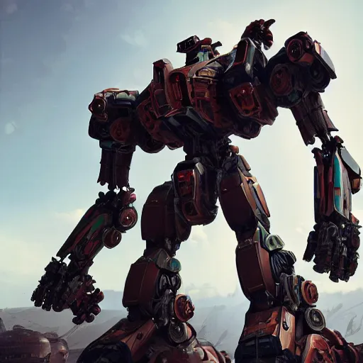 Image similar to a beautiful hyperrealistic ultradetailed 3D render of a gigantic mecha, by brian sum and stephen martiniere and Antonio Manzanedo, octane render, PBR, 3D, brilliantly colored, intricate, wide angle, volumetric lighting, polished, path tracing