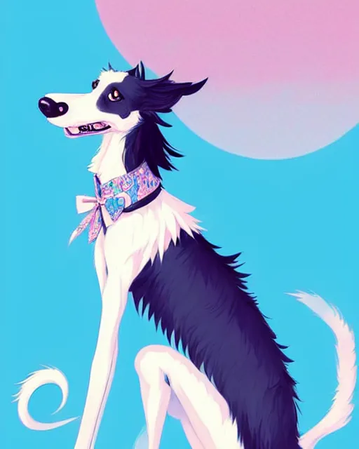 Image similar to a cute anthropomorphic borzoi girl anthro wearing a blue ribbon, city background, very anime!!! kawaii!! furry!! intricate details, aesthetically pleasing pastel colors, scenic background, art by conrad roset and ilya kuvshinov. trending on deviantartstation