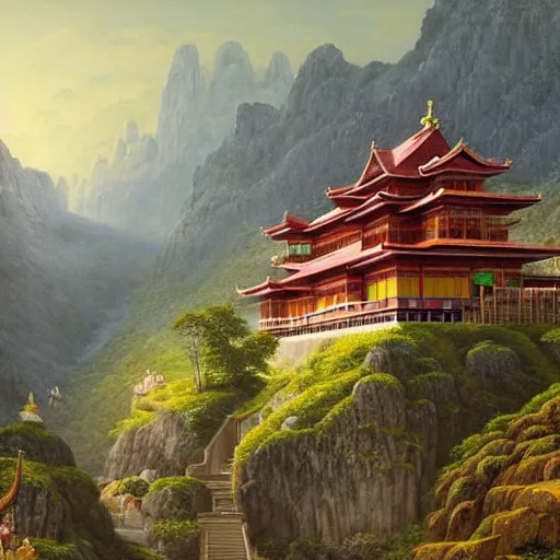 Prompt: a beautiful and highly detailed matte painting of a colorful yet humble buddhist temple and fort built of large stones in the distance high in the most epic mountains ever, intricate details, epic scale, insanely complex, 8 k, sharp focus, hyperrealism, very realistic, by caspar friedrich, greg rutowski, james gurney, hudson river school