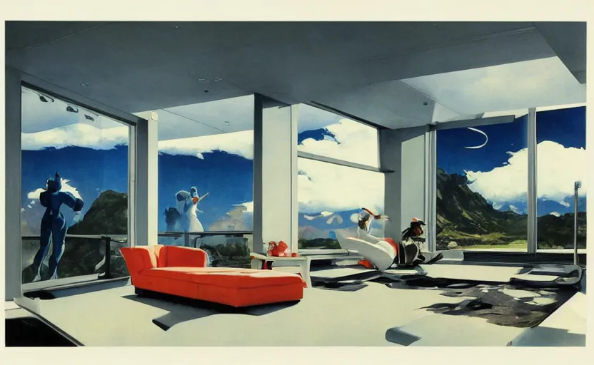 Prompt: a futuristic minimalist lounge room with a big window opening up to a wide open meadow with billowing clouds in the sky. highly detailed science fiction painting by norman rockwell, frank frazetta, and syd mead. rich colors, high contrast, gloomy atmosphere. trending on artstation.