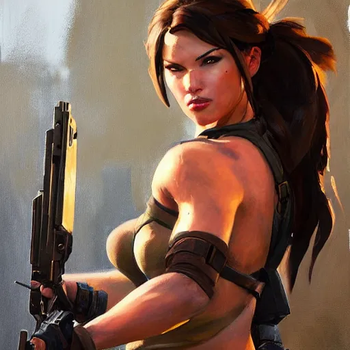 Image similar to greg manchess portrait painting of partially armored lara croft as overwatch character, medium shot, asymmetrical, profile picture, organic painting, sunny day, matte painting, bold shapes, hard edges, street art, trending on artstation, by huang guangjian and gil elvgren and sachin teng