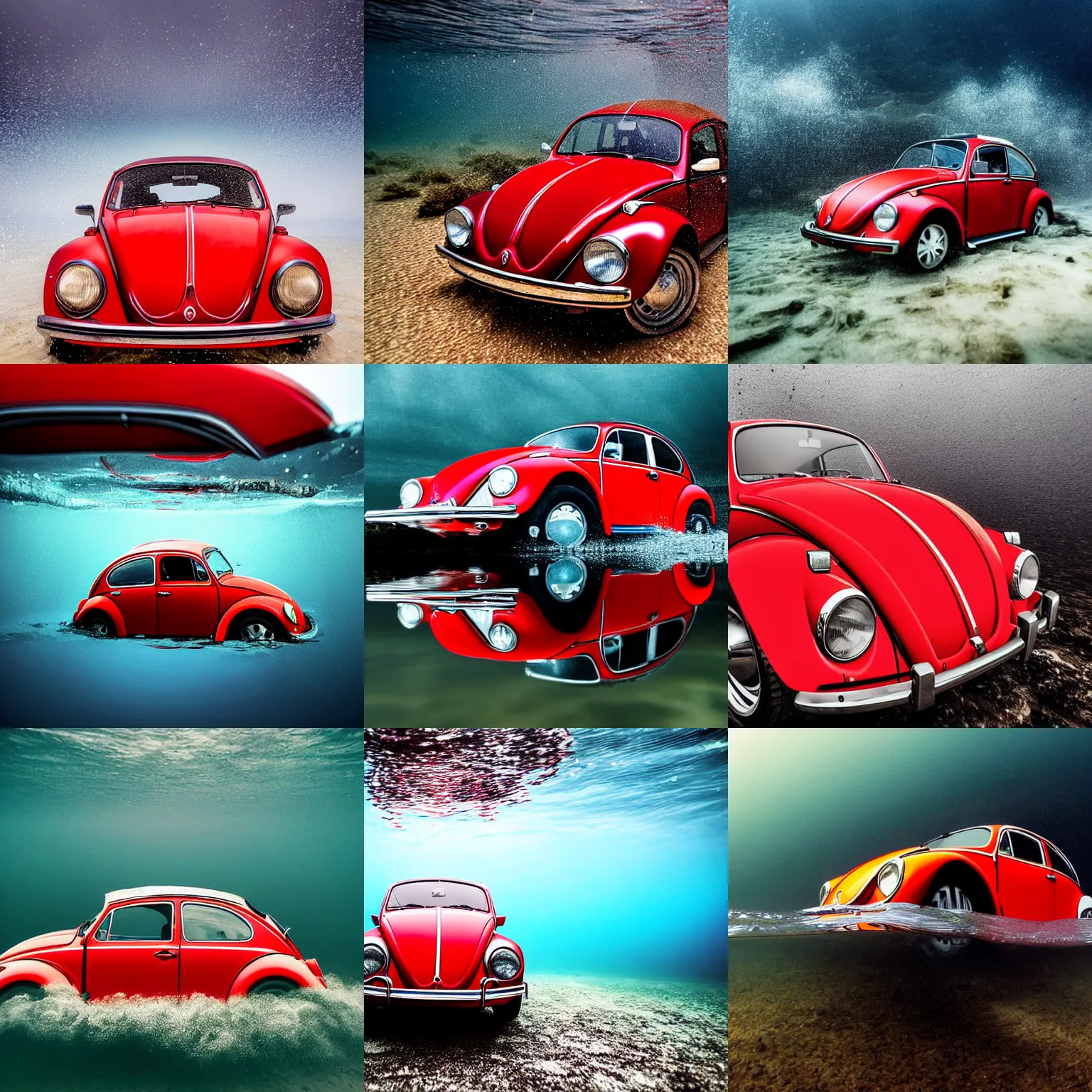 Prompt: extreme long shot of a red 1970 vw beetle under water, award winning photo, high detail, atmospheric, 8k