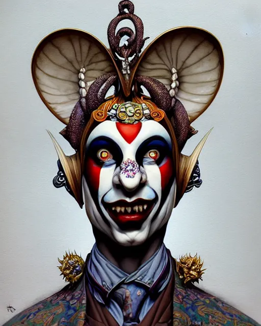 Image similar to front shot of a jester harlequin mastermind character, intricate, elegant, highly detailed, centered, (((artstation, concept art, smooth, sharp focus, artgerm, Tomasz Alen Kopera, Peter Mohrbacher, donato giancola, Joseph Christian Leyendecker, WLOP, Boris Vallejo))), mugshot!!!!!, ugly!!!!!!, octane render, nvidia raytracing demo, grainy, muted