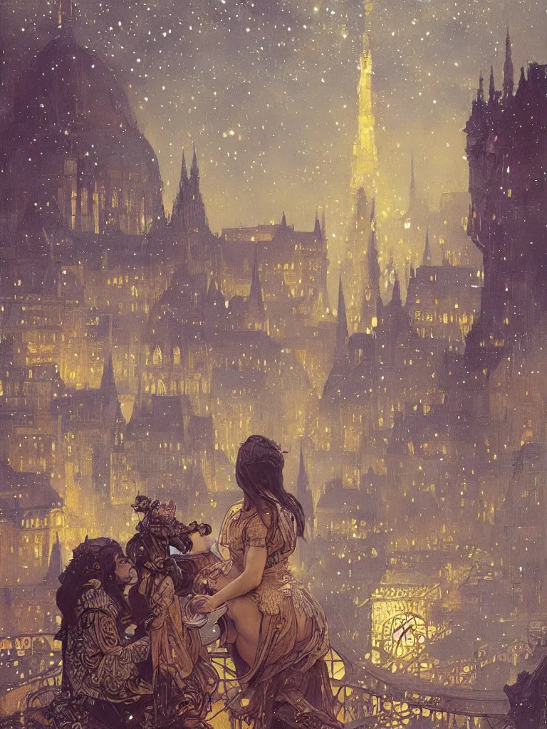 Prompt: a view from the river of budapest or paris at night with the sky full of stars, intricate, elegant, highly detailed, digital painting, artstation, concept art, smooth, sharp focus, colored illustration for tattoo, art by krenz cushart and artem demura and alphonse mucha,