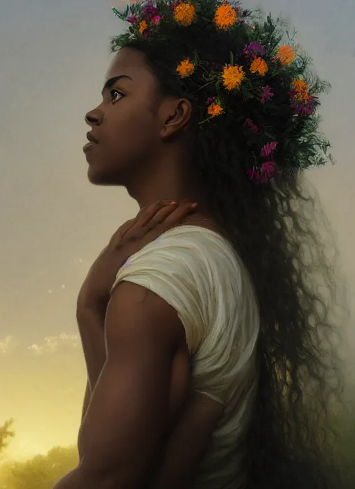 Prompt: oil painting close up portrait of a contemplative young black woman with long dark flowing hair in a white dress, wearing a crown of wildflowers!! at sunset, hazy, digital art, chiaroscuro, artstation, cinematic, golden hour, digital art painting by greg rutkowski, william - adolphe bouguereau, hazy atmosphere, cinematic lighting