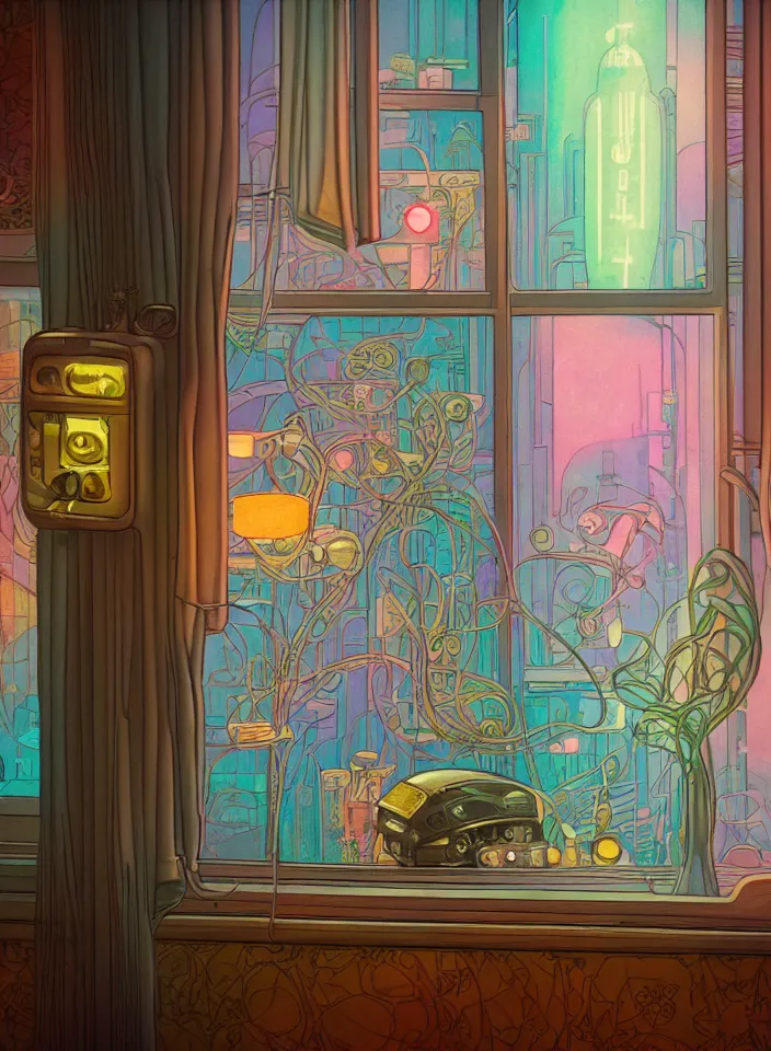 Image similar to telephoto 7 0 mm f / 2. 8 iso 2 0 0 photograph depicting the feeling of chrysalism in a cosy safe cluttered french sci - fi ( ( art nouveau ) ) cyberpunk apartment in a pastel dreamstate art cinema style. ( cat ) ( ( fish tank ) ), ambient light.