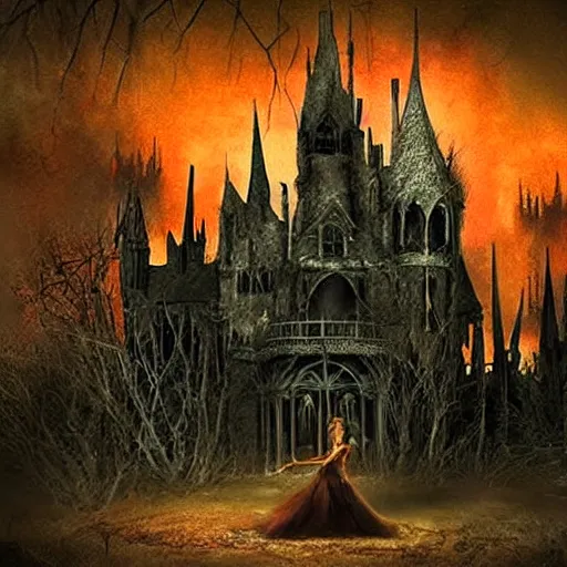 Image similar to a beautiful dark! gothic!! matte painting!!! of a twirling!!!! twisted haunted house, blood, ghosts