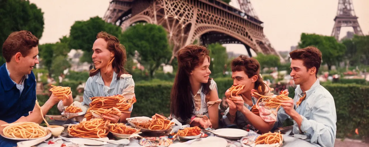 Image similar to young couple enjoying a spaghetti picnic in front of the eiffel tower, high detail, canon 5 0 mm, cinematic lighting, photography, retro, film, kodachrome