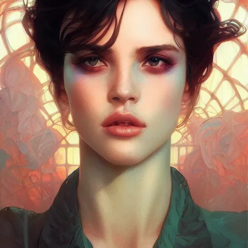 Image similar to surreal beautiful young woman, detailed gorgeous face, sad eyes, vaporwave aesthetic, synthwave , digital painting, artstation, concept art, smooth, sharp focus, illustration, art by artgerm and greg rutkowski and alphonse mucha