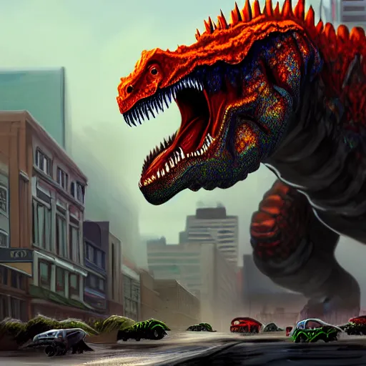 Prompt: Giant Tyrannosaurus Kaiju Stomping Down Main Street, Crushing Cars Under Its Feet, Destroying Buildings, Cracked Pavement, Footprints, Digital Painting on Artstation