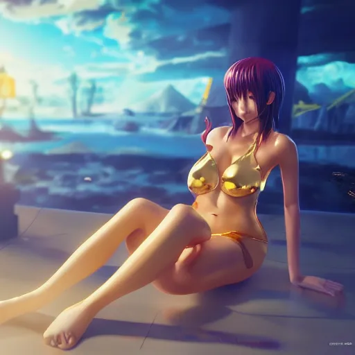 Prompt: anime girl in bikiniportrait of anatomy gold statue reflect chrome, 8 k uhd, unreal engine, octane render in the artstyle of finnian macmanus, john park and greg rutkowski