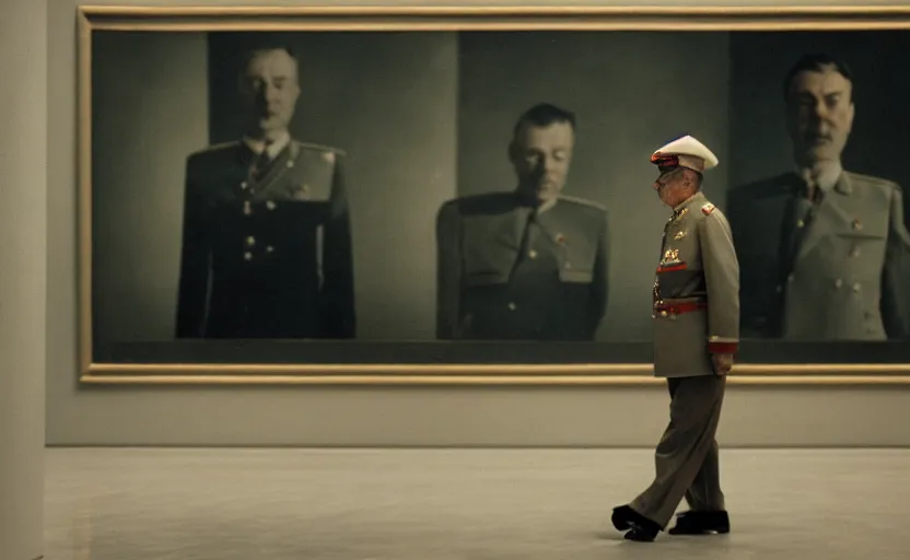 Prompt: 50s movie still close-up portrait of an elder soviet general walking in an empty museum, by David Bailey, Cinestill 800t 50mm eastmancolor, heavy grainy picture, very detailed, high quality, 4k, HD criterion, low quality, precise texture and facial expression