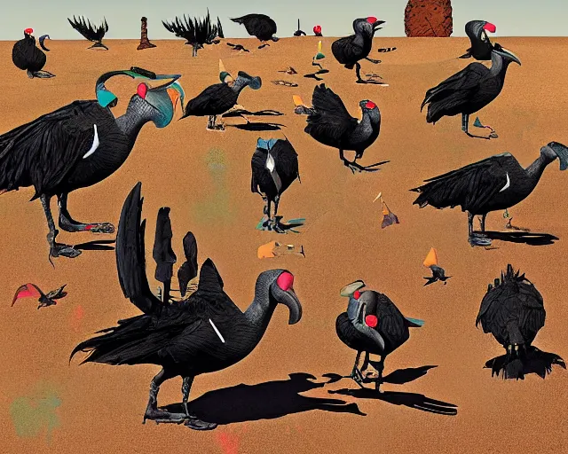 Image similar to cartoonish vultures feeding on carrion in the desert, caricature, surreal, colorful