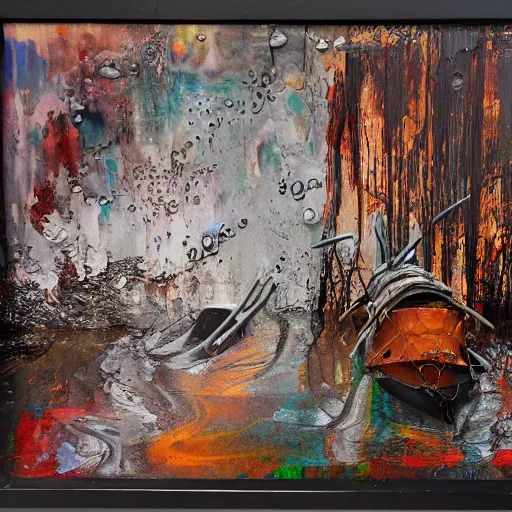 Image similar to flooded misery. mixed media display, private collection. epic artwork.